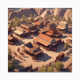 Western Town In Texas With Horses No People Low Poly Isometric Art 3d Art High Detail Artstati (1) Canvas Print