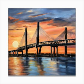 Sunset over the Arthur Ravenel Jr. Bridge in Charleston. Blue water and sunset reflections on the water. Oil colors.6 Canvas Print