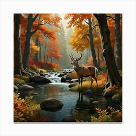 Serene forest scene during autumn. Display trees with orange and red leaves, a gentle stream flowing Canvas Print