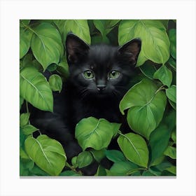 Black Kitten In Green Leaves Canvas Print