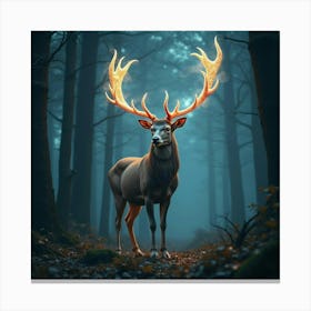 A Dreamy Stag With Antlers Of Glowing, Fractal Patterns Standing In A Mystical Forest Canvas Print