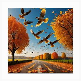 Autumn Birds Flying Over Road Canvas Print