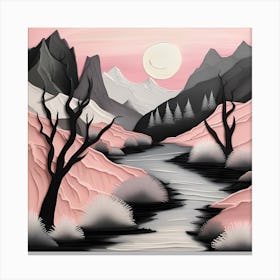 Pink River Minimalistic Line Art Soothing Pastels Landscape Canvas Print