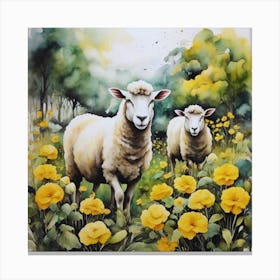 Two Sheep In Yellow Flowers Canvas Print