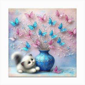 Cat In A Blue Vase With Butterflies Canvas Print