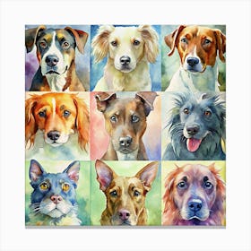 Watercolor Collage Of Nine Different Dog Breeds Canvas Print