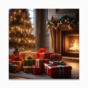 Christmas Presents In Front Of Fireplace 19 Canvas Print