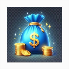 A bright and colorful digital painting of a blue money bag with a dollar sign on it. The bag is sitting on a pile of gold coins, and there are sparkles and stars all around it. The background is a transparent grid. The painting has a cartoonish style, and it is very eye-catching. It would be perfect for a website or blog about money or finance. Canvas Print