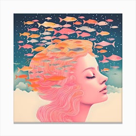 Risograph Style Surreal Woman & Fish, Candy Colours 6 Canvas Print