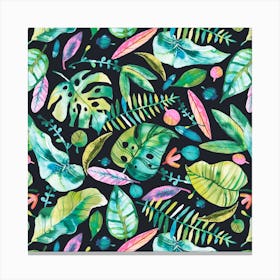 Tropical Leaves Green Pink Square Canvas Print