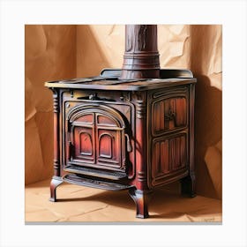 A Highly Detailed, Vibrant, Rough Color Pencil Sketch Of An Old, Rusted, Wooden Burning Stove Canvas Print