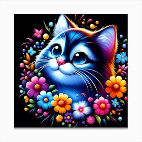 Blue Cat With Flowers Canvas Print