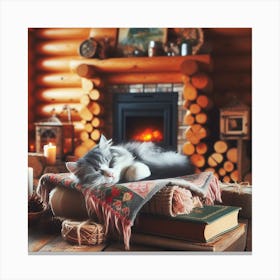 Cat Sleeping In Front Of Fireplace Canvas Print