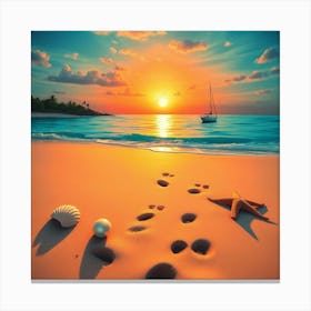 Sunset Beach With Footprints Toile