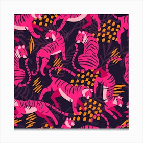 Vibrant Pink Tigers On Dark Purple Pattern Square Canvas Print