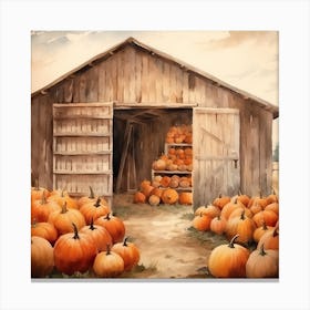 Barn With Pumpkins Watercolour Canvas Print