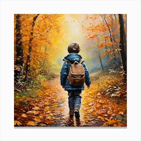 Pastel Drawing Of Autistic Child With Rucksack Walking Through Autumn Wood With Leaves Falling With Canvas Print