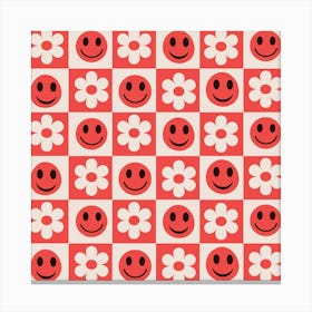 Checkered Red Happy Faces with White Flowers Canvas Print