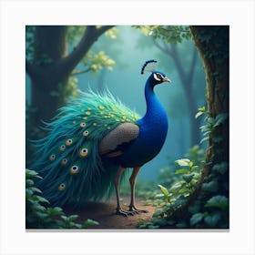 A Vibrant Peacock With A Glowing, Iridescent Tail In A Mystical Forest Canvas Print