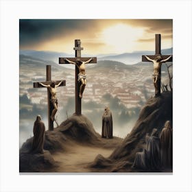 Crucifixion Tableau Of Jesus Christ With Crown Of Thorns Adorning His Head Showing Two Crucified Fi 842761604 Canvas Print