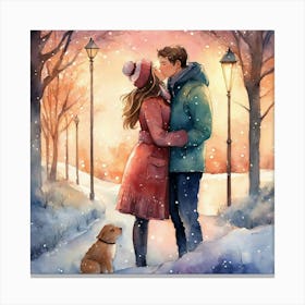 Kissing Couple In The Snow Canvas Print