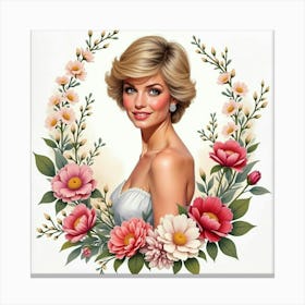 Elegant Princess Diana Framed By Blooming Watercolor Gardens Canvas Print