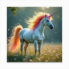 A Mythical Unicorn With A Flowing Mane Of Rainbow Colored Stardust In A Magical Meadow Canvas Print