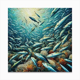 Sardines Gathering Around A Coral Reef In A Vibrant Mosaic, Style Digital Mosaic 3 Canvas Print