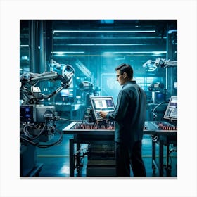 Cyber Industrial Interface Showcasing A Factory Manager Overseeing A High Tech Manufacturing Floor (6) Canvas Print