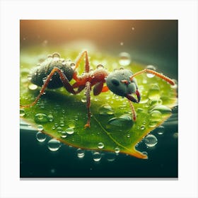Ant On Leaf With Water Droplets Canvas Print