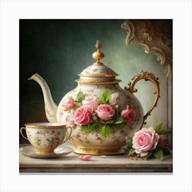 A very finely detailed Victorian style teapot with flowers, plants and roses in the center with a tea cup 10 Canvas Print