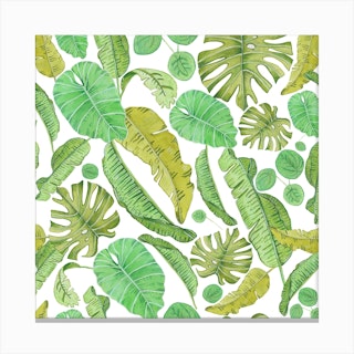 Beautiful Watercolor Tropical Leaves Pattern Square Canvas Print