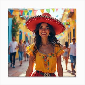 Spanish Woman In A Lively Fiesta, Watercolor With Colorful Festivities 1 Canvas Print