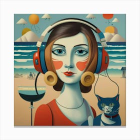 Girl With Headphones And A Cat 4 Canvas Print