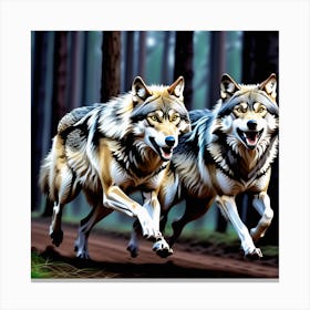 Two Wolves Running In The Forest Canvas Print