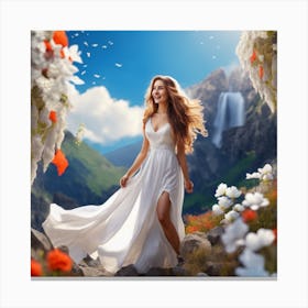 Beautiful Girl In White Dress In The Forest Canvas Print