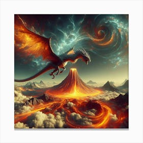 Dragon Flying Over A Volcano Canvas Print