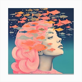 Risograph Style Surreal Woman & Fish, Candy Colours 9 Canvas Print