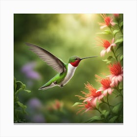 Ruby Throated Hummingbird Mid Air Its Wings A Blur Its Slender Beak Meticulously Extracts Nectar Canvas Print