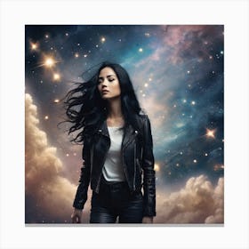 Create A Cinematic Scene Where A Mysterious Woman In A Black Leather Jacket Floats Gracefully Through The Cosmos, Surrounded By Swirling Clouds Of Stars And Galaxies 4 Canvas Print
