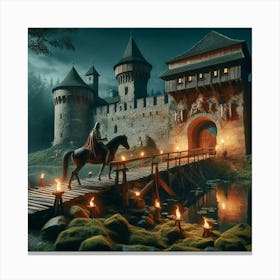 Knights On Horseback Crossing A Bridge Canvas Print