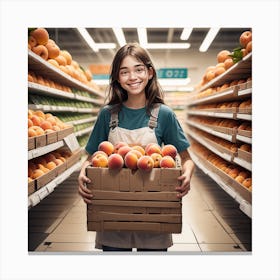 Woman Holding A Box Of Peaches Canvas Print