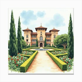 Watercolor View Of A Historic Spanish Palace With Lush Gardens Canvas Print