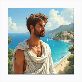 Graceful Greek Man In Watercolor, With The Stunning Backdrop Of A Classic Seaside Vista 1 Canvas Print