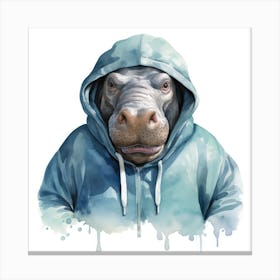 Watercolour Cartoon Hippopotamus In A Hoodie Canvas Print