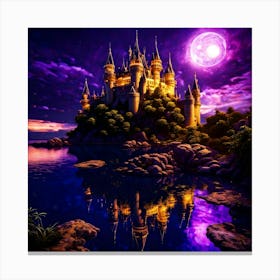Glowing Castle on Small Island with Purple Moon Canvas Print