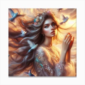 Beautiful Girl With Birds Canvas Print