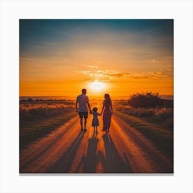 A Family Immersed In A Content Moment Walking Hand In Hand Against A Background Of A Sunset Graduall Canvas Print