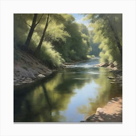 A realistic oil painting of a river, capturing the play of light and shadow on the water's surface and the intricate textures of the surrounding landscape. 1 Canvas Print