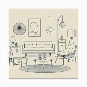 Minimalist Line Art Of Mid Century Furniture Pieces Arranged In A Stylish Living Room Setting, Style Line Drawing Canvas Print